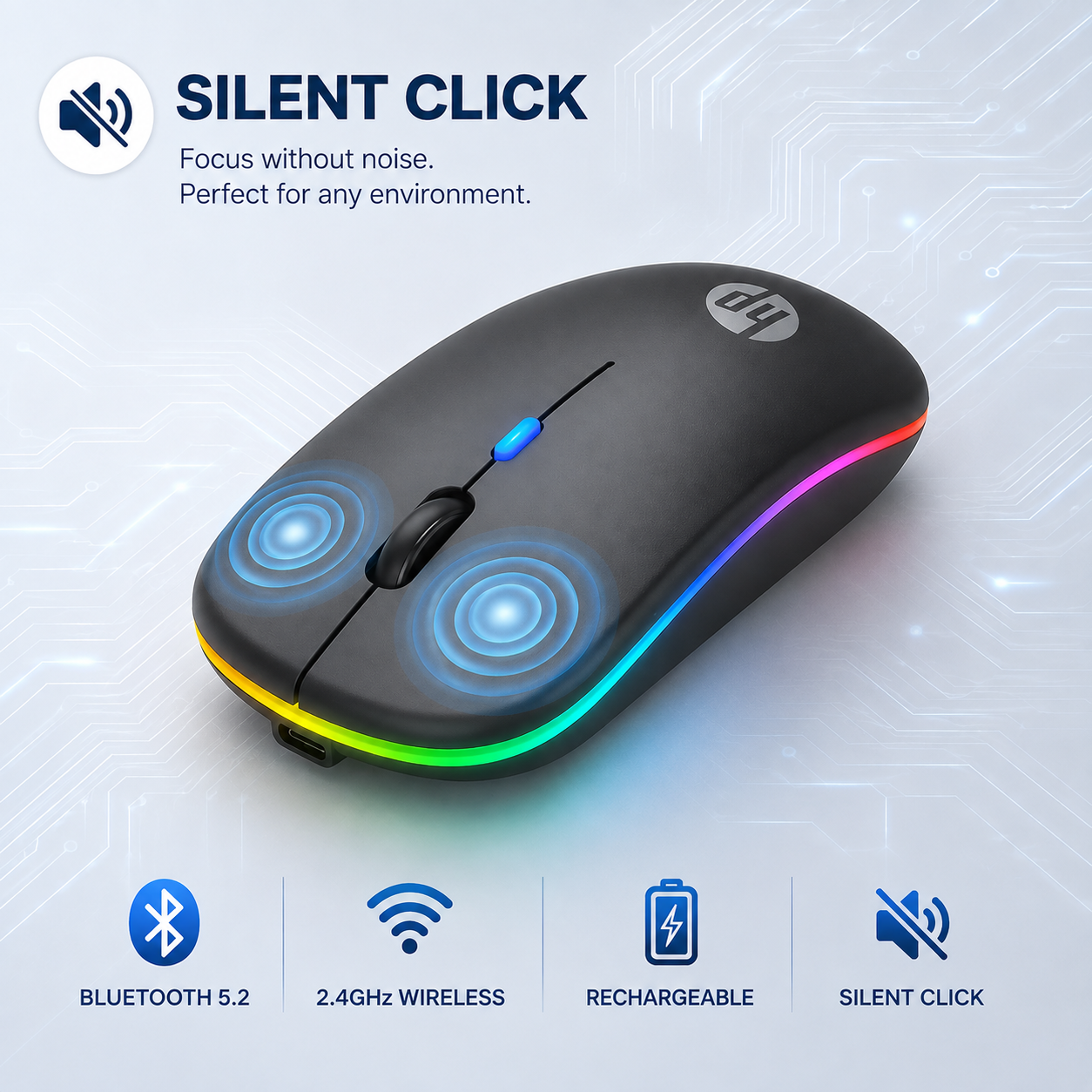 HP Wireless Rechargeable RGB Gaming Mouse-Silent Click + FREE MOUSE PAD